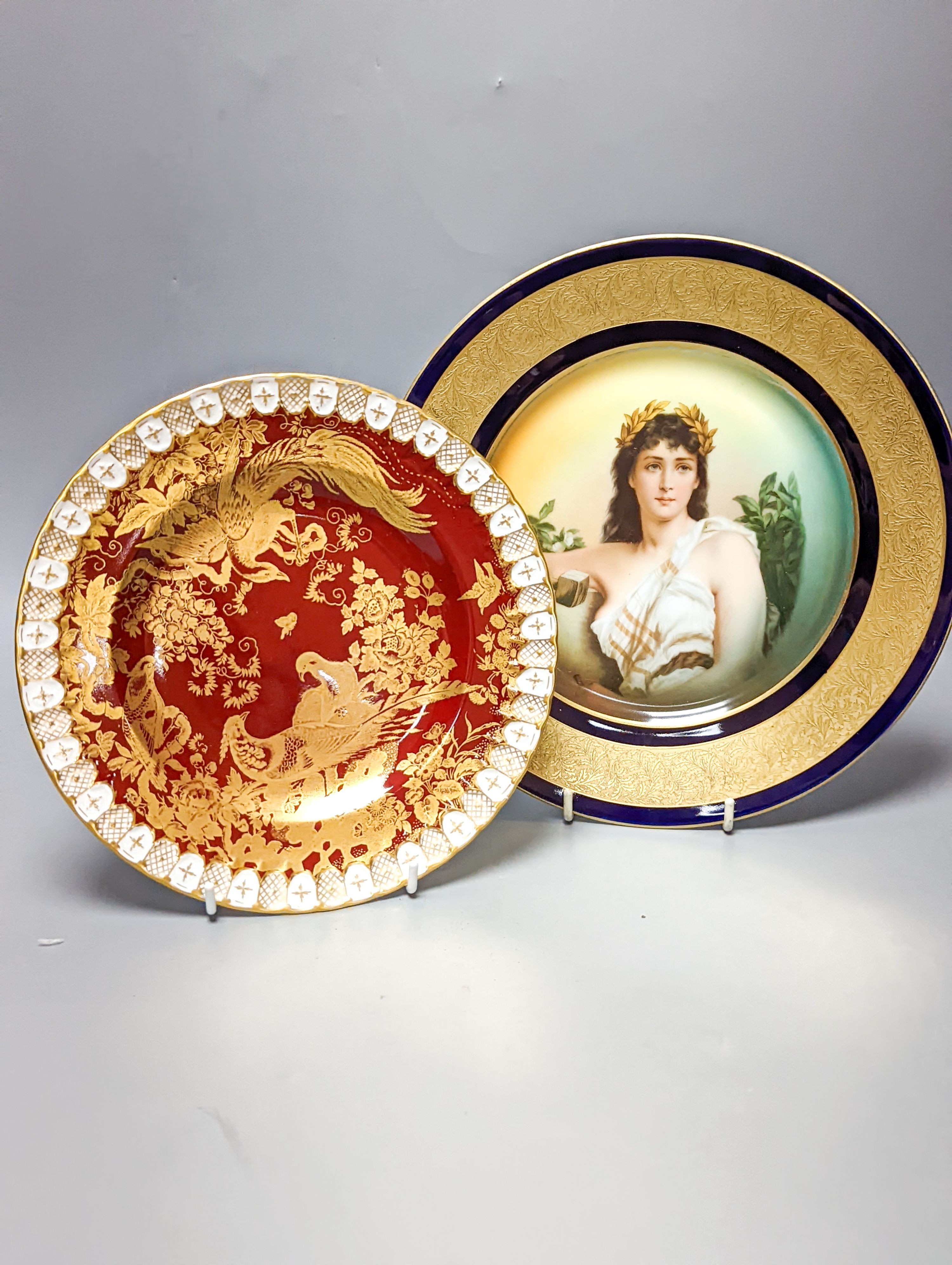 A Rosenthal painted porcelain portrait plate, early 20th century and a Royal Crown Derby gilded pheasant plate 26cm